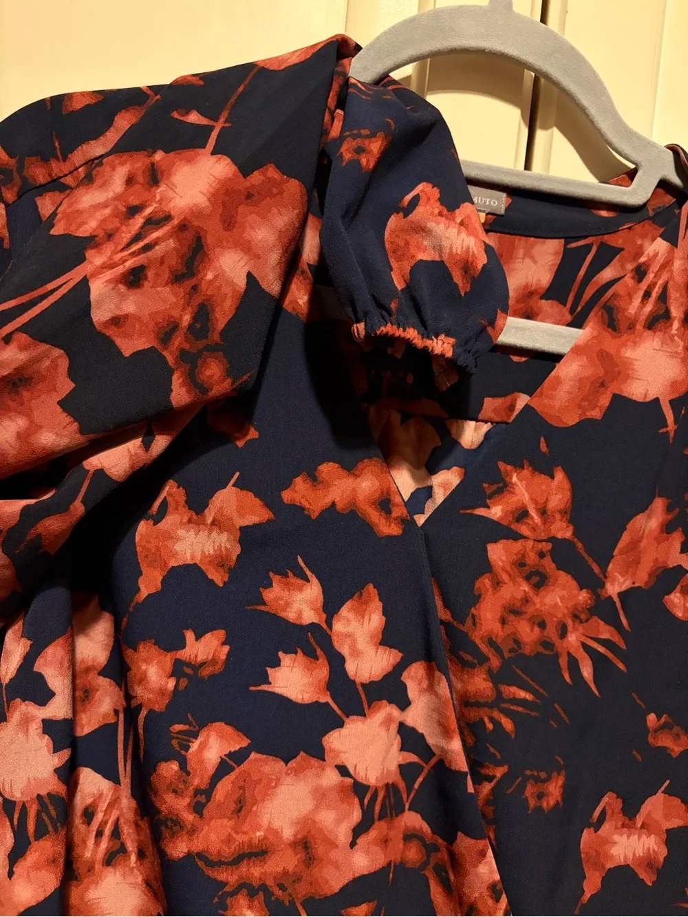 Vince Camuto Navy Blouse with Coral Floral Print